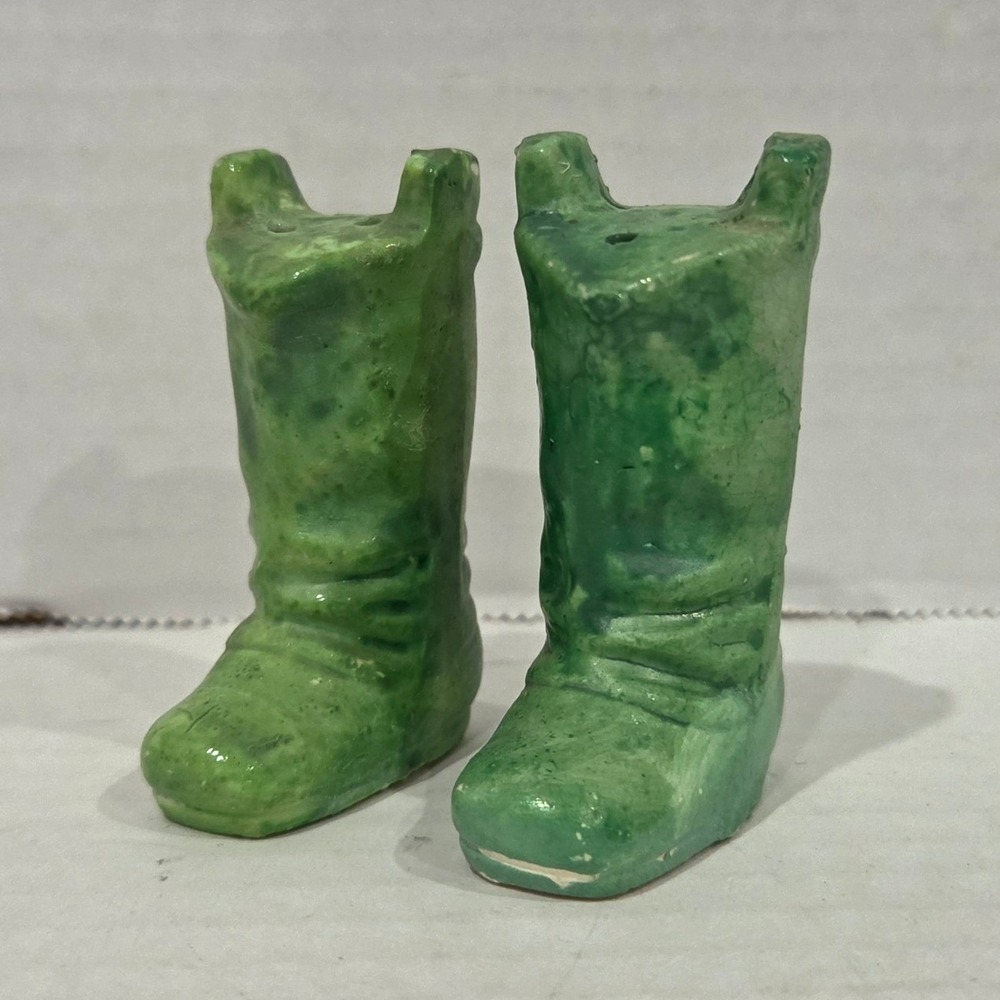 Vintage Japan Green Ceramic Cowboy Boot Salt and Pepper Shakers Western Decor